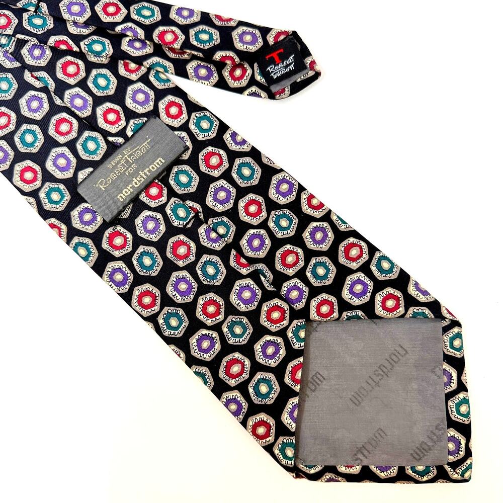 Robert Talbott Nordstrom 100% Silk Wide Tie Black Maroon Purple Hexagon Italy